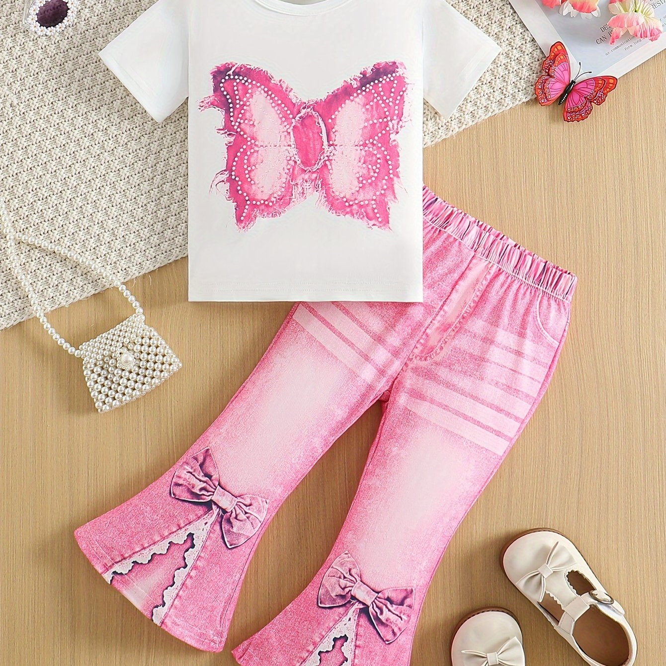 Chic Girls' 2pcs Set: Butterfly Print Short Sleeve Tee & Faux Denim Bell Bottoms - Machine Washable, Spring/Fall, Perfect for Outdoor