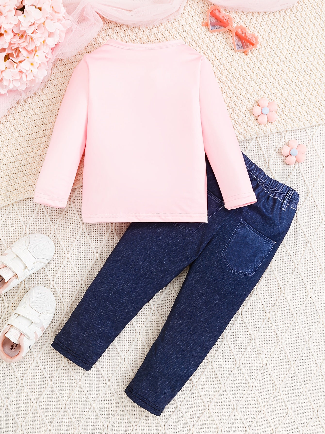 2Pcs Sweet Doll Print Suit Girl's outdoor Long-Sleeve Top + Imitation Denim Effect Leggings Set - Spring & Fall Clothes, Casual Outfits Holiday Sports Gift