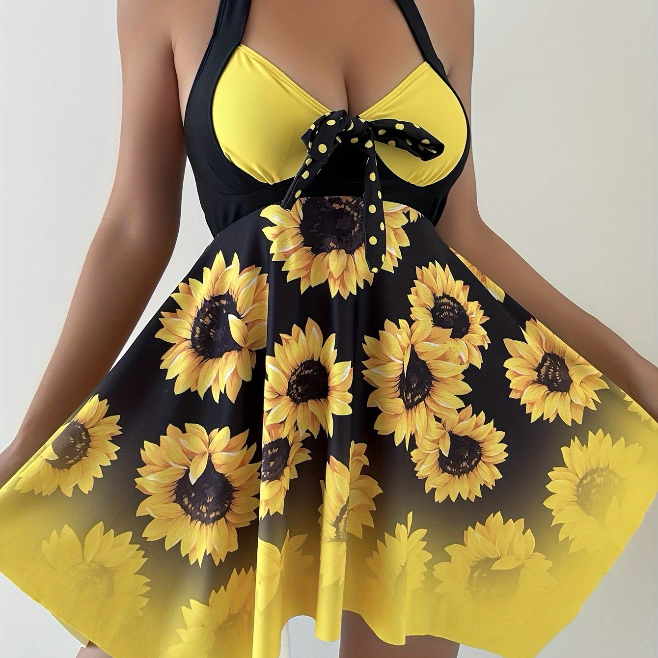 Women's 2 Piece Set Tankini, Sunflower Print And Bow Swim Dress, Dot Print Bottoms, Women's Swimwear & Clothing