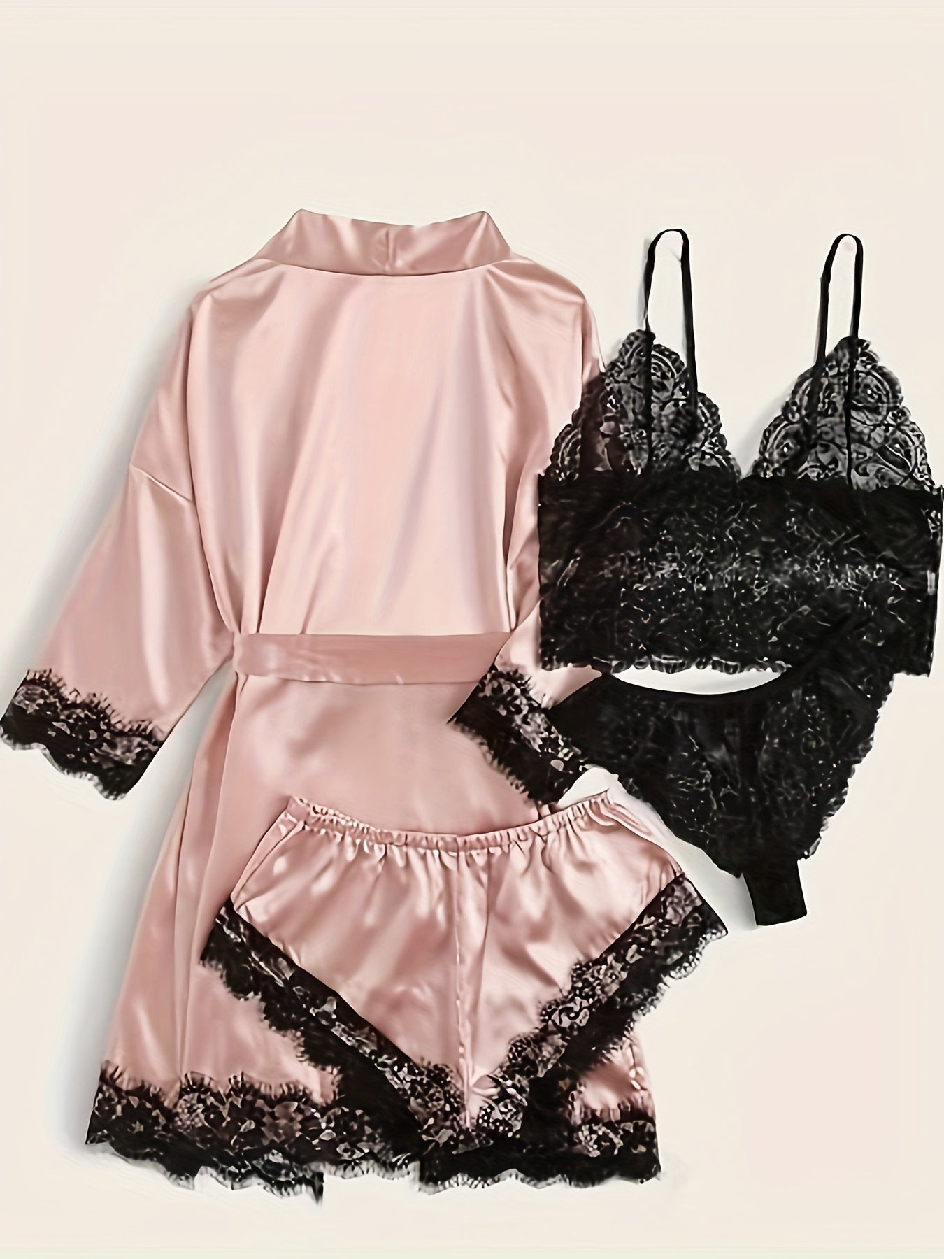 Women' Silk Satin Pajamas Set 4pcs Lingerie Floral Lace Cami Sleepwear with Robe Four-piece Pajamas Sexy Plus Size Robe Overall Dress Set Homewear