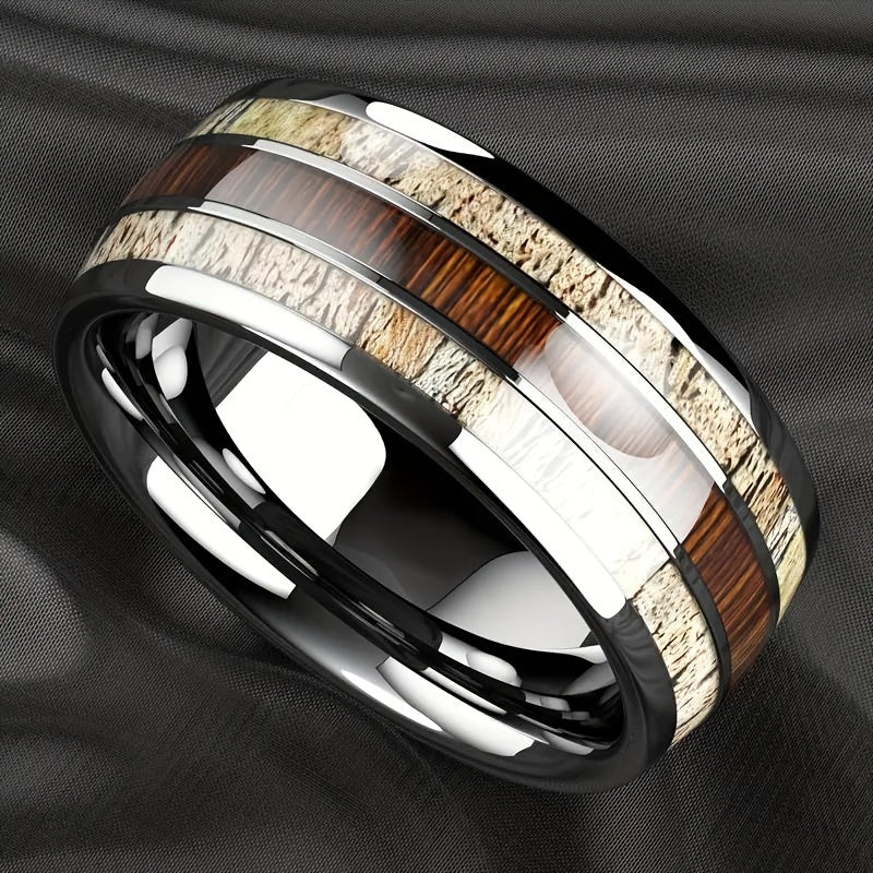 1pc Silvery-Toned Mens Stainless Steel Ring with Authentic Wood GrainInlay - Fashionable Engagement/Wedding Jewelry for Timeless Style