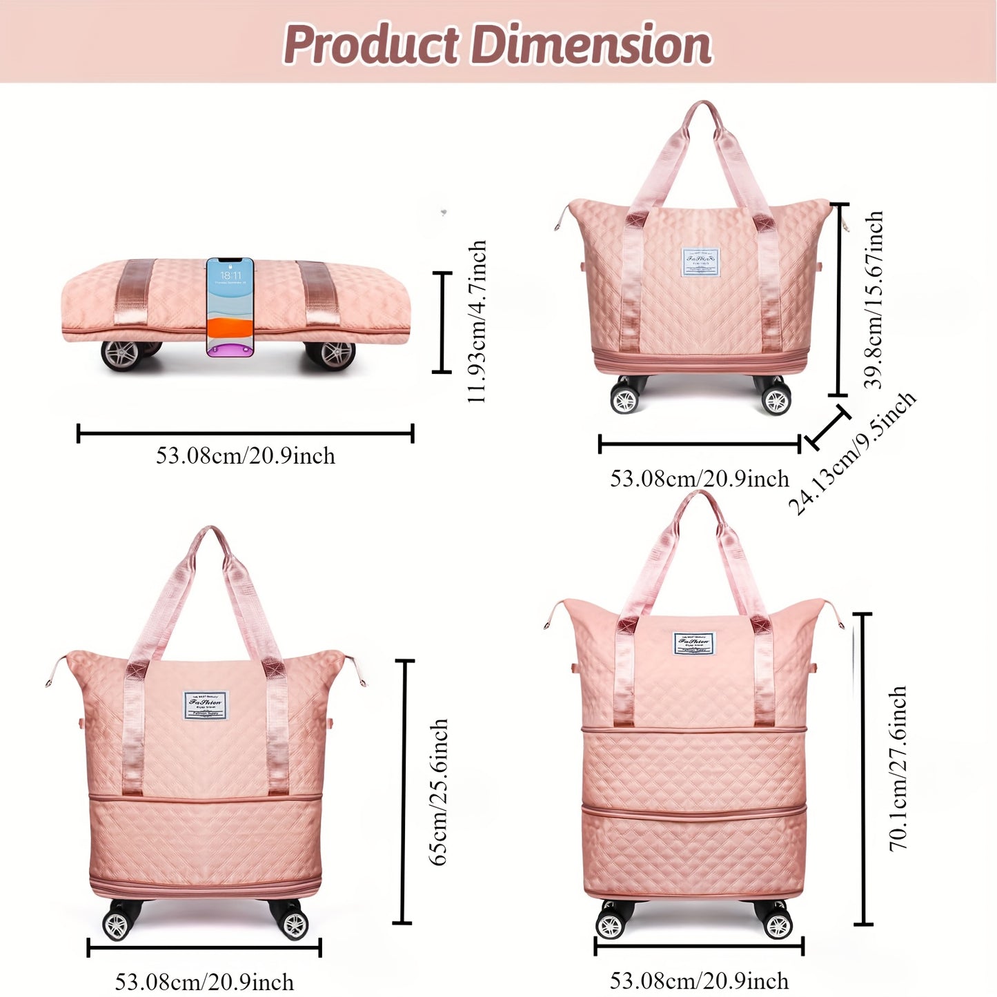 Foldable rolling luggage bag with wheels, detachable rolling carry on luggage, large suitcases for travel, business, camping, gifts for parents and spouses (pink)