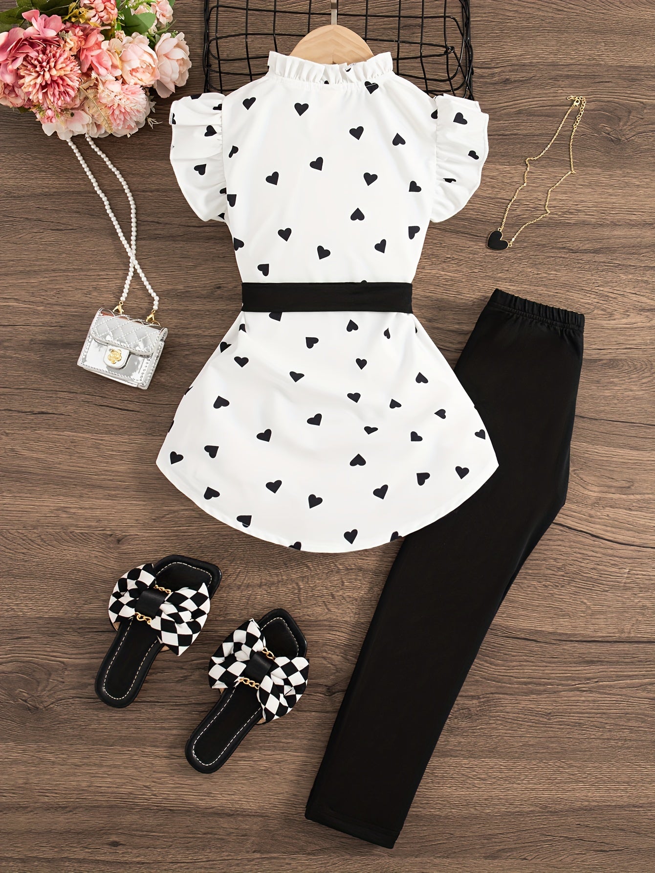 2pcs Girls Heart Graphic Ruffle Trim Top With Bow Belt + Solid Pants Set Summer Gift For Urban Wear Outdoor